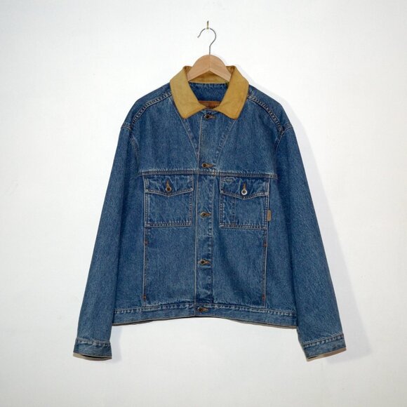 Vintage Timberland Classic Blue Denim Jacket Tam Leather Collar Weathergear Jean - Picture 1 of 13